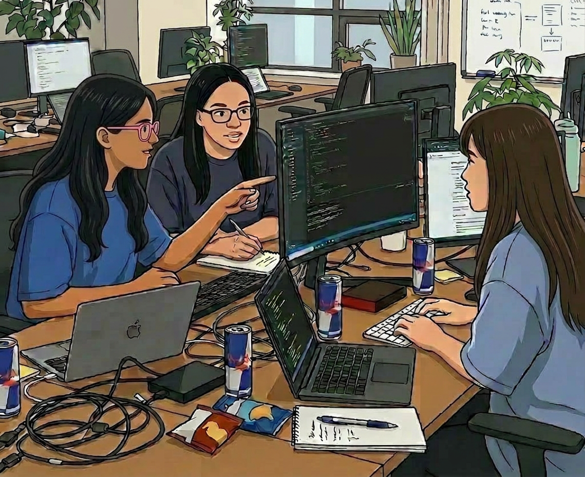 Three people discussing and working on coding displayed on a computer monitor in a modern office