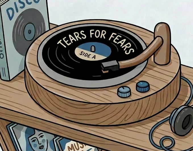 Wooden turntable playing Groovy Tunes vinyl, colorful records, headphones, and small plant on shelf